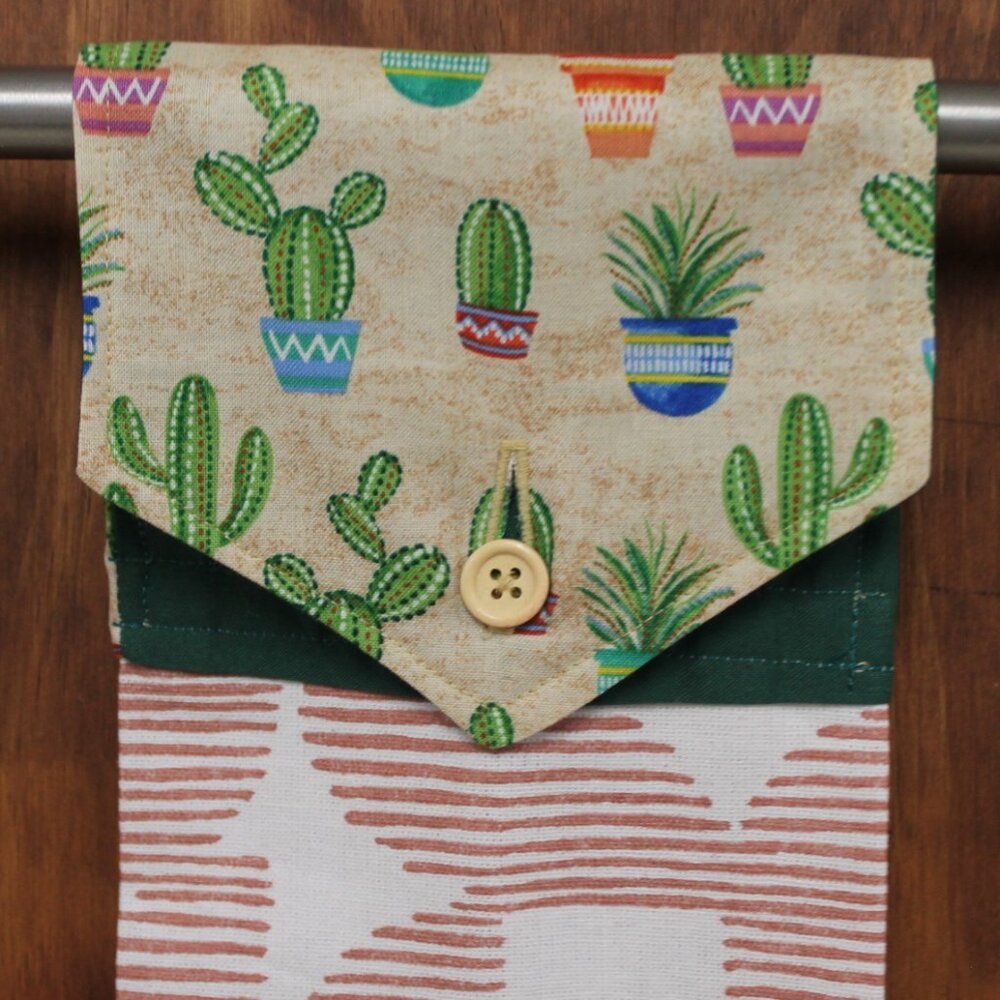 CACTUS HAND TOWEL BEIGE & GREEN HANDMADE HANGING KITCHEN TOWEL PINK WHITE COTTON